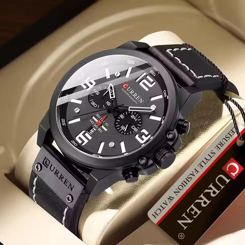Stealth stitched leather chronograph watch in Black