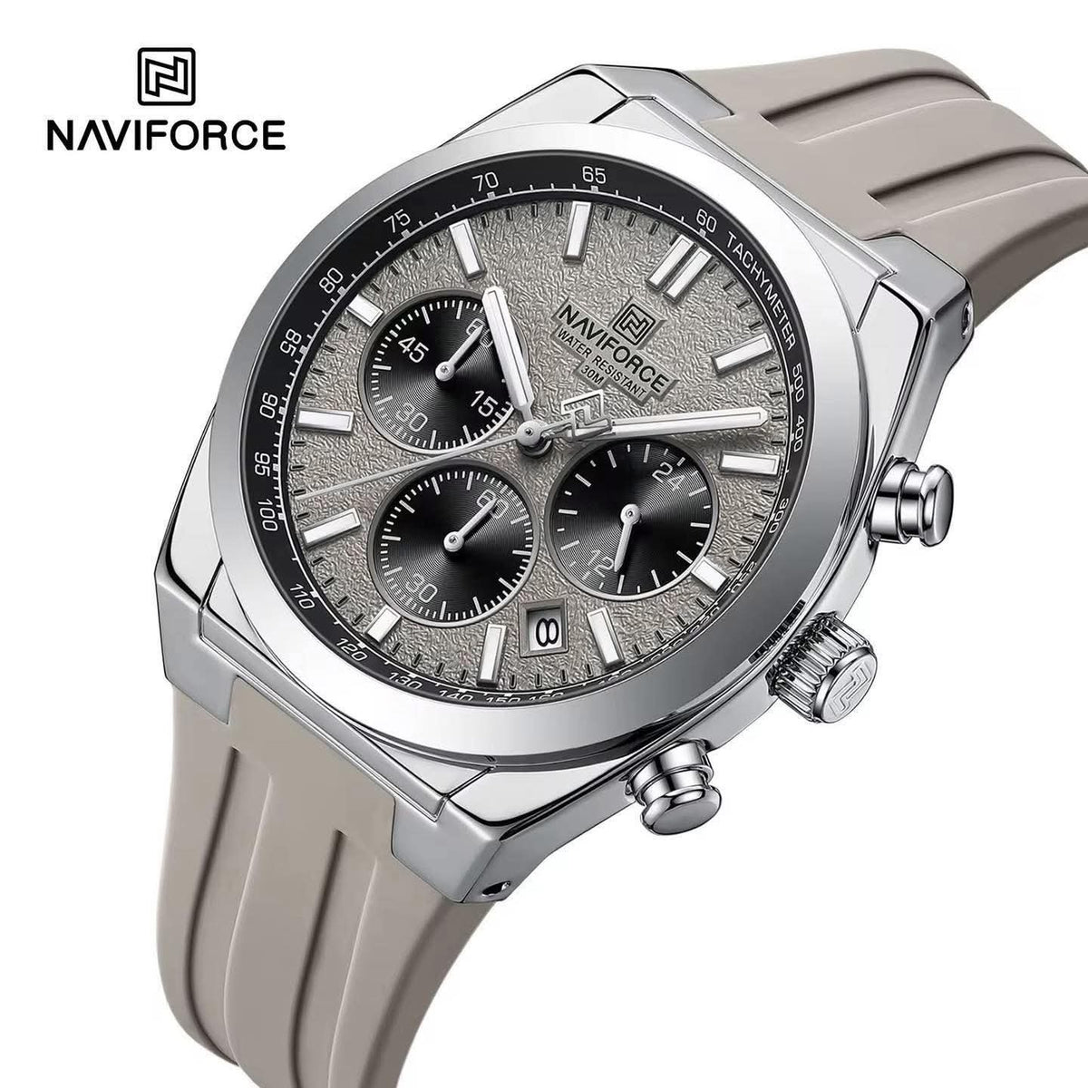 Meridian silver chronograph watch in Taupe Grey