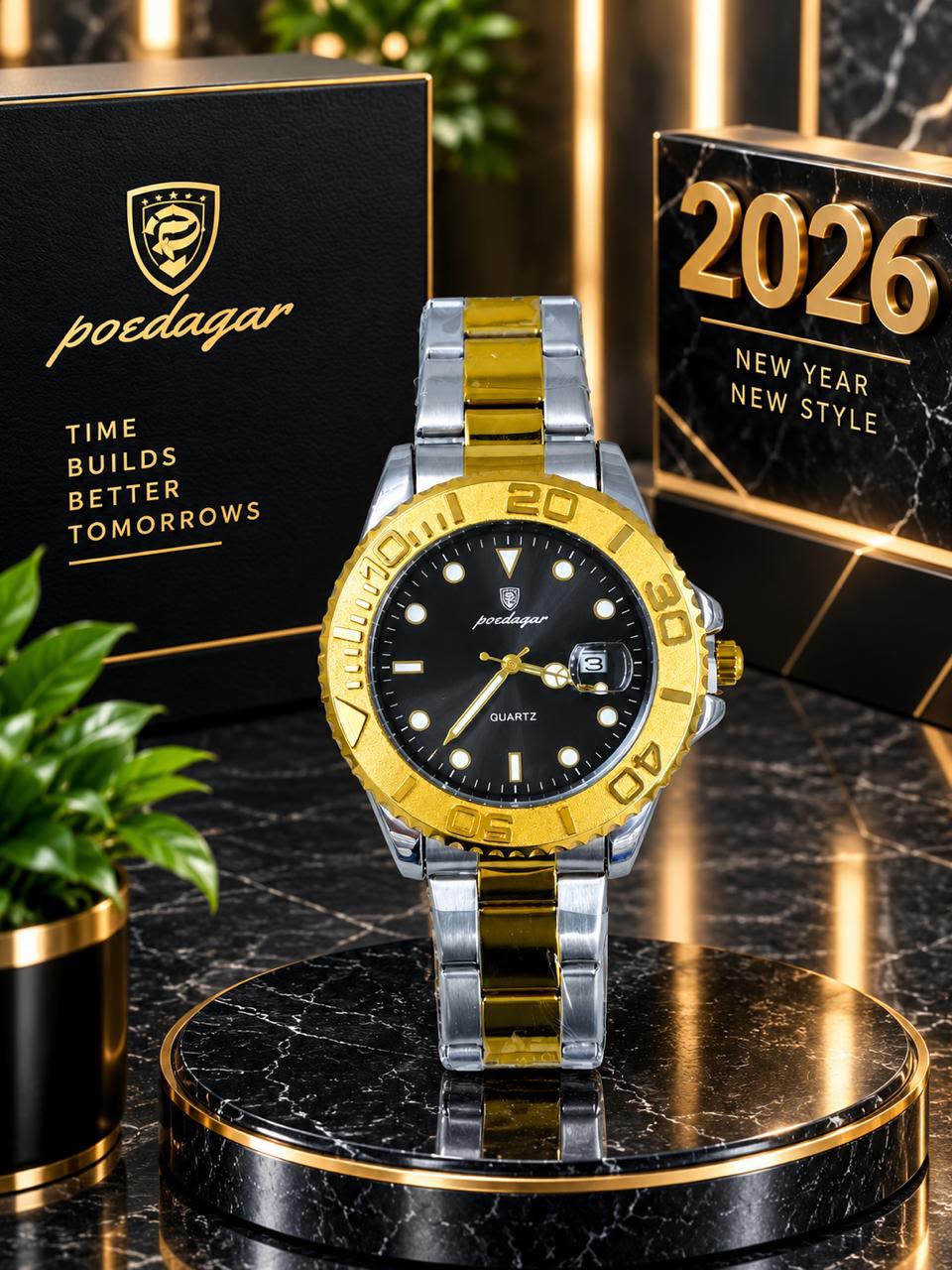 Poedagar Diver Quartz Watch - Black dial, gold bezel, two-tone bracelet
