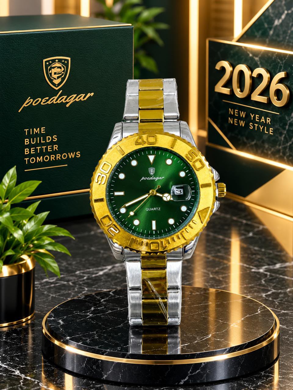 Poedagar Diver Quartz Watch - Green dial, gold bezel, two-tone bracelet