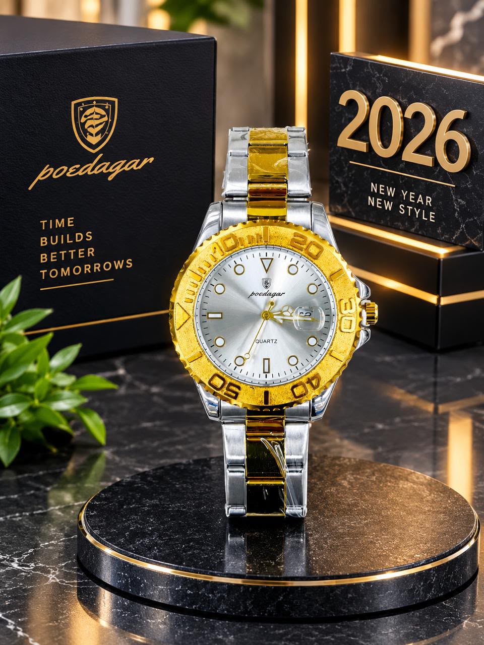 Poedagar Diver Quartz Watch - White dial, gold bezel, two-tone bracelet